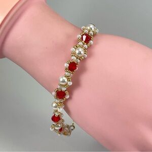 Stunning Unsigned Red Glass White Glass Pearl Beaded Seed Bead Bracelet Weave